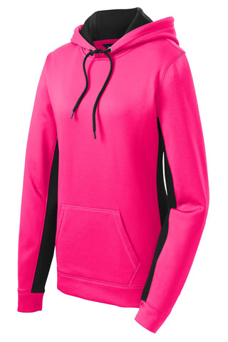 Sport-Tek Ladies Sport-Wick Fleece Colorblock Hooded Pullover (Neon Pink/ Black)