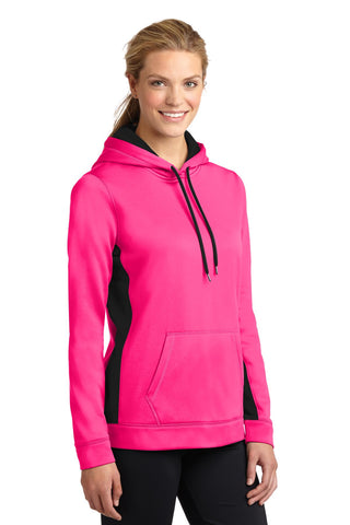 Sport-Tek Ladies Sport-Wick Fleece Colorblock Hooded Pullover (Neon Pink/ Black)