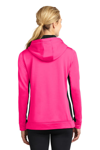 Sport-Tek Ladies Sport-Wick Fleece Colorblock Hooded Pullover (Neon Pink/ Black)