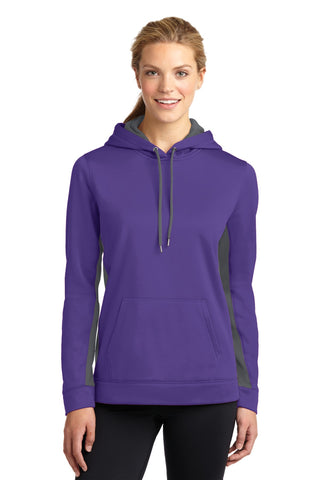 Sport-Tek Ladies Sport-Wick Fleece Colorblock Hooded Pullover (Purple/ Dark Smoke Grey)