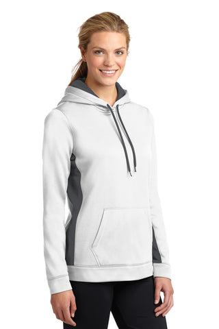 Sport-Tek Ladies Sport-Wick Fleece Colorblock Hooded Pullover (White/ Dark Smoke Grey)