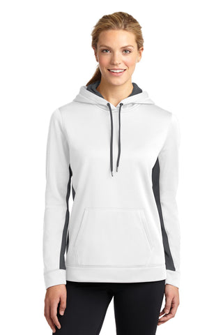 Sport-Tek Ladies Sport-Wick Fleece Colorblock Hooded Pullover (White/ Dark Smoke Grey)