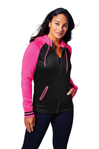 Sport-Tek Ladies Sport-Wick Varsity Fleece Full-Zip Hooded Jacket (Black/ Neon Pink)