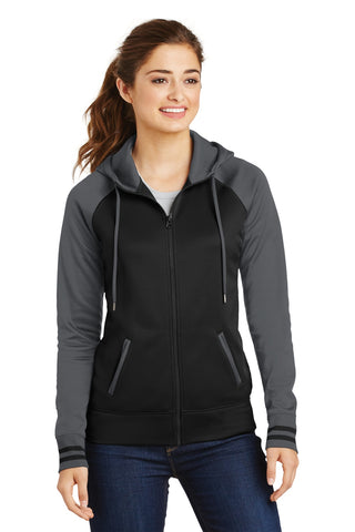 Sport-Tek Ladies Sport-Wick Varsity Fleece Full-Zip Hooded Jacket (Black/ Dark Smoke Grey)