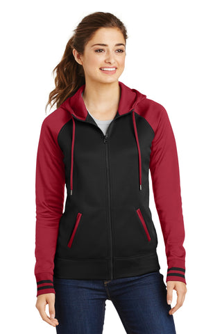 Sport-Tek Ladies Sport-Wick Varsity Fleece Full-Zip Hooded Jacket (Black/ Deep Red)