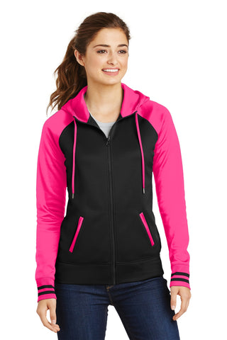 Sport-Tek Ladies Sport-Wick Varsity Fleece Full-Zip Hooded Jacket (Black/ Neon Pink)