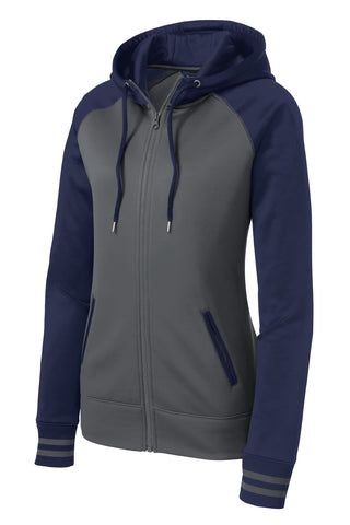 Sport-Tek Ladies Sport-Wick Varsity Fleece Full-Zip Hooded Jacket (Dark Smoke Grey/ Navy)