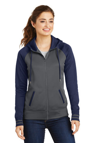 Sport-Tek Ladies Sport-Wick Varsity Fleece Full-Zip Hooded Jacket (Dark Smoke Grey/ Navy)