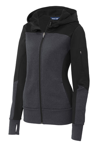 Sport-Tek Ladies Tech Fleece Colorblock Full-Zip Hooded Jacket (Black/ Graphite Heather/ Black)