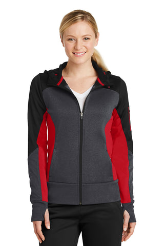Sport-Tek Ladies Tech Fleece Colorblock Full-Zip Hooded Jacket (Black/ Graphite Heather/ True Red)