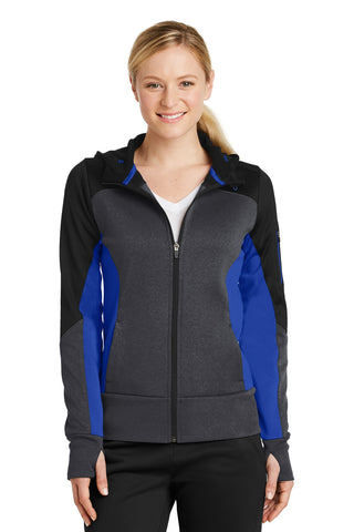 Sport-Tek Ladies Tech Fleece Colorblock Full-Zip Hooded Jacket (Black/ Graphite Heather/ True Royal)