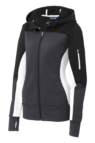 Sport-Tek Ladies Tech Fleece Colorblock Full-Zip Hooded Jacket (Black/ Graphite Heather/ White)