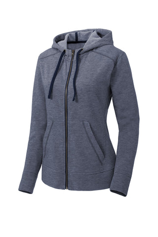 Sport-Tek Ladies PosiCharge Tri-Blend Wicking Fleece Full-Zip Hooded Jacket (True Navy Heather)