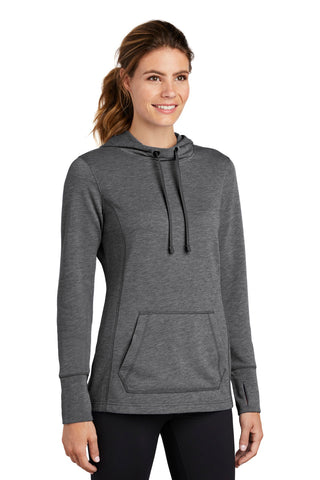 Sport-Tek Ladies PosiCharge Tri-Blend Wicking Fleece Hooded Pullover (Dark Grey Heather)