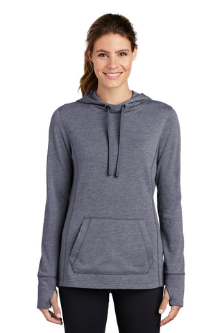 Sport-Tek Ladies PosiCharge Tri-Blend Wicking Fleece Hooded Pullover (True Navy Heather)