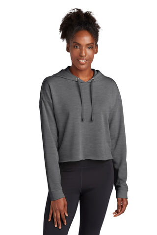 Sport-Tek Ladies PosiCharge Tri-Blend Wicking Fleece Crop Hooded Pullover (Dark Grey Heather)
