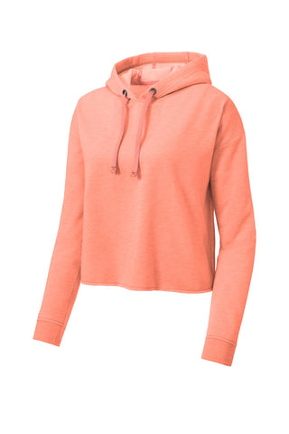 Sport-Tek Ladies PosiCharge Tri-Blend Wicking Fleece Crop Hooded Pullover (Soft Coral Heather)