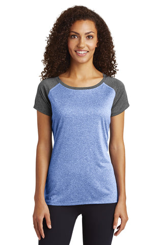 Sport-Tek Ladies Heather-On-Heather Contender Scoop Neck Tee (True Royal Heather/ Graphite Heather)