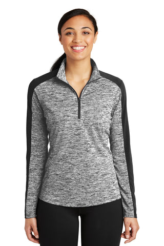 Sport-Tek Ladies PosiCharge Electric Heather Colorblock 1/4-Zip Pullover (Black Electric/ Black)