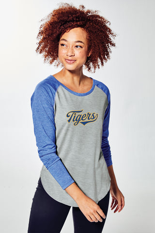 Sport-Tek Ladies PosiCharge Long Sleeve Tri-Blend Wicking Scoop Neck Raglan Tee (True Royal Heather/ Light Grey Heather)