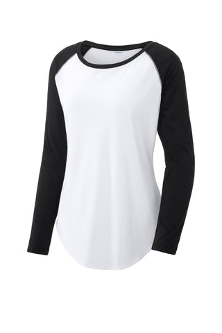 Sport-Tek Ladies PosiCharge Long Sleeve Tri-Blend Wicking Scoop Neck Raglan Tee (Black Triad Solid/ White Triad Solid)