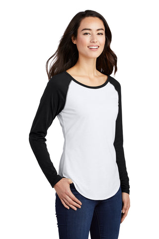 Sport-Tek Ladies PosiCharge Long Sleeve Tri-Blend Wicking Scoop Neck Raglan Tee (Black Triad Solid/ White Triad Solid)