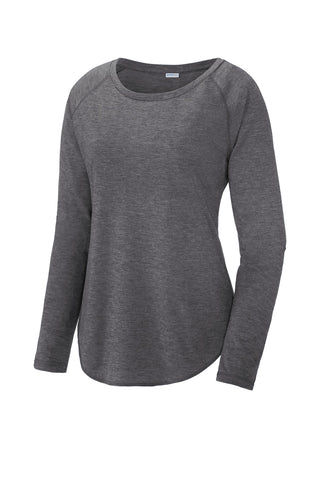 Sport-Tek Ladies PosiCharge Long Sleeve Tri-Blend Wicking Scoop Neck Raglan Tee (Dark Grey Heather)