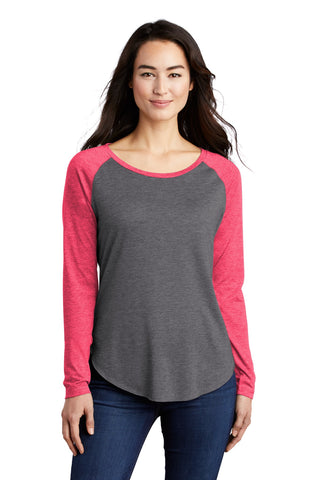 Sport-Tek Ladies PosiCharge Long Sleeve Tri-Blend Wicking Scoop Neck Raglan Tee (Pink Raspberry Heather/ Dark Grey Heather)