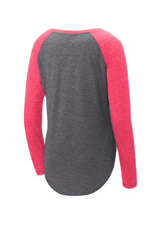 Sport-Tek Ladies PosiCharge Long Sleeve Tri-Blend Wicking Scoop Neck Raglan Tee (Pink Raspberry Heather/ Dark Grey Heather)