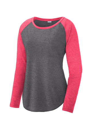 Sport-Tek Ladies PosiCharge Long Sleeve Tri-Blend Wicking Scoop Neck Raglan Tee (Pink Raspberry Heather/ Dark Grey Heather)