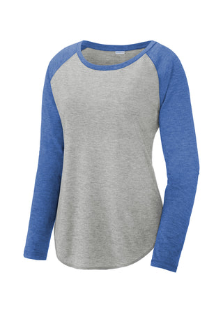 Sport-Tek Ladies PosiCharge Long Sleeve Tri-Blend Wicking Scoop Neck Raglan Tee (True Royal Heather/ Light Grey Heather)