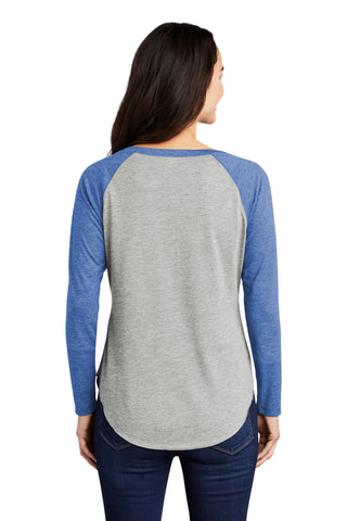 Sport-Tek Ladies PosiCharge Long Sleeve Tri-Blend Wicking Scoop Neck Raglan Tee (True Royal Heather/ Light Grey Heather)