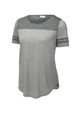 Sport-Tek Ladies PosiCharge Tri-Blend Wicking Fan Tee (Dark Grey Heather/ Light Grey Heather)