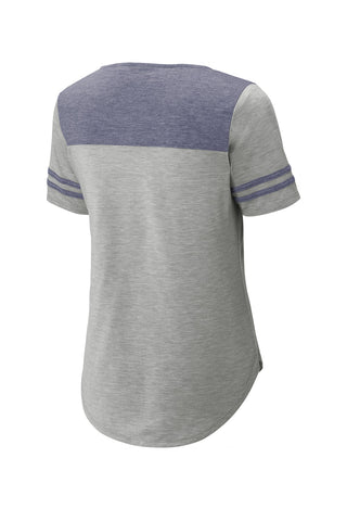 Sport-Tek Ladies PosiCharge Tri-Blend Wicking Fan Tee (True Navy Heather/ Light Grey Heather)