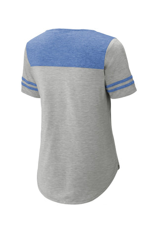 Sport-Tek Ladies PosiCharge Tri-Blend Wicking Fan Tee (True Royal Heather/ Light Grey Heather)