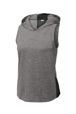 Sport-Tek Ladies PosiCharge Tri-Blend Wicking Draft Hoodie Tank (Black/ Dark Grey Heather)