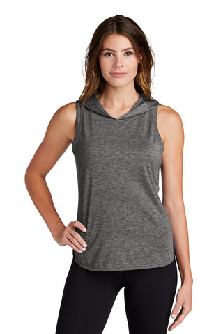 Sport-Tek Ladies PosiCharge Tri-Blend Wicking Draft Hoodie Tank (Black/ Dark Grey Heather)