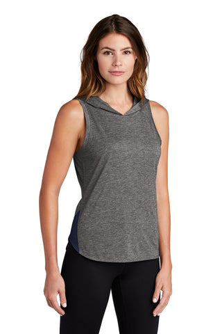 Sport-Tek Ladies PosiCharge Tri-Blend Wicking Draft Hoodie Tank (True Navy/ Dark Grey Heather)