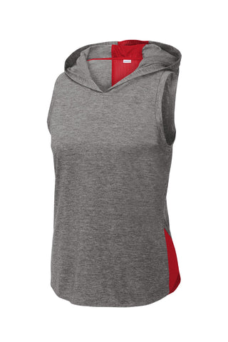 Sport-Tek Ladies PosiCharge Tri-Blend Wicking Draft Hoodie Tank (True Red/ Dark Grey Heather)