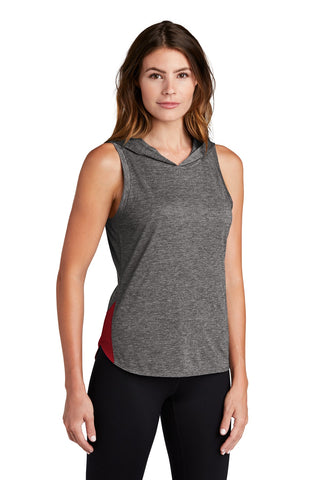 Sport-Tek Ladies PosiCharge Tri-Blend Wicking Draft Hoodie Tank (True Red/ Dark Grey Heather)