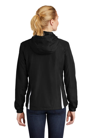 Sport-Tek Ladies Colorblock Hooded Raglan Jacket (Black/ White)