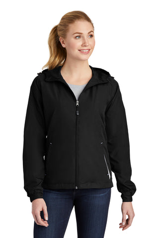 Sport-Tek Ladies Colorblock Hooded Raglan Jacket (Black/ White)