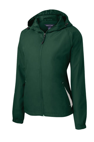 Sport-Tek Ladies Colorblock Hooded Raglan Jacket (Forest Green/ White)