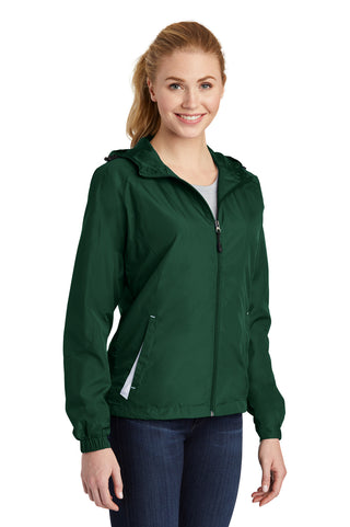 Sport-Tek Ladies Colorblock Hooded Raglan Jacket (Forest Green/ White)