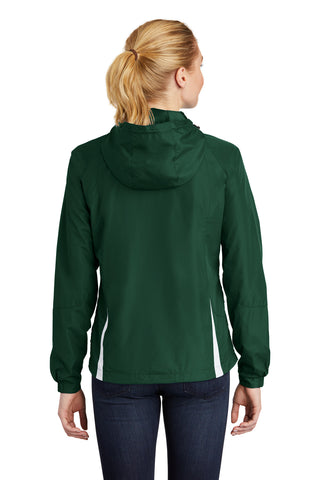 Sport-Tek Ladies Colorblock Hooded Raglan Jacket (Forest Green/ White)