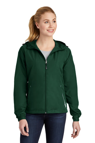 Sport-Tek Ladies Colorblock Hooded Raglan Jacket (Forest Green/ White)