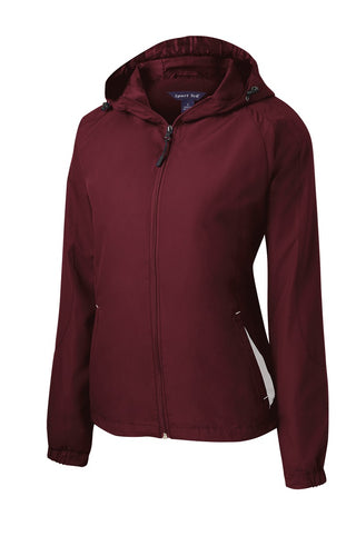 Sport-Tek Ladies Colorblock Hooded Raglan Jacket (Maroon/ White)