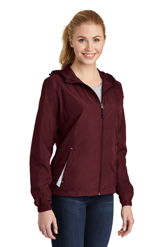 Sport-Tek Ladies Colorblock Hooded Raglan Jacket (Maroon/ White)