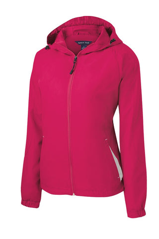 Sport-Tek Ladies Colorblock Hooded Raglan Jacket (Pink Raspberry/ White)