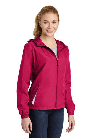 Sport-Tek Ladies Colorblock Hooded Raglan Jacket (Pink Raspberry/ White)